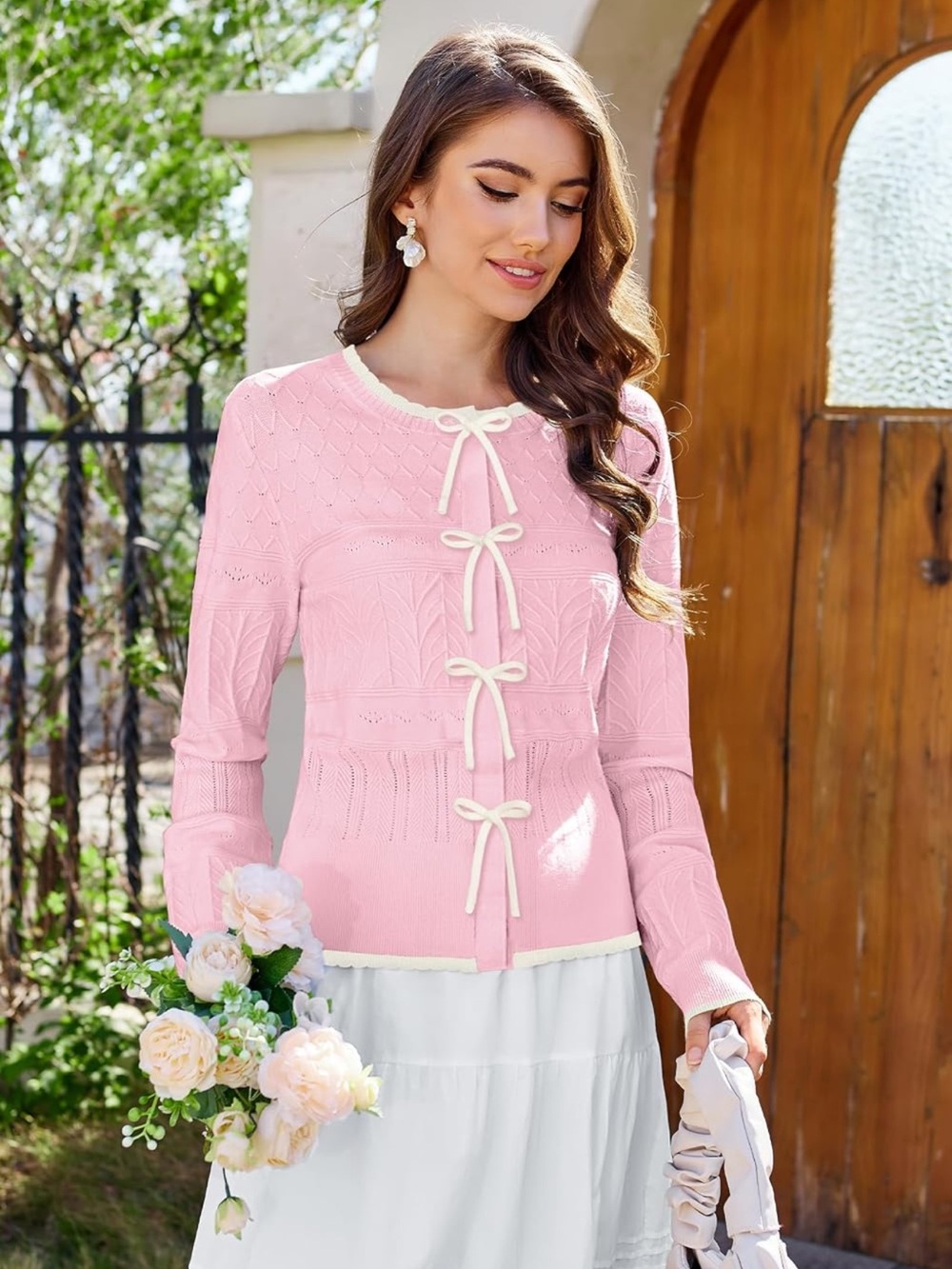 NWT Arach&Cloz Arach & Cloz Pink Knit Cardigan Sweater With White Bows $36.99